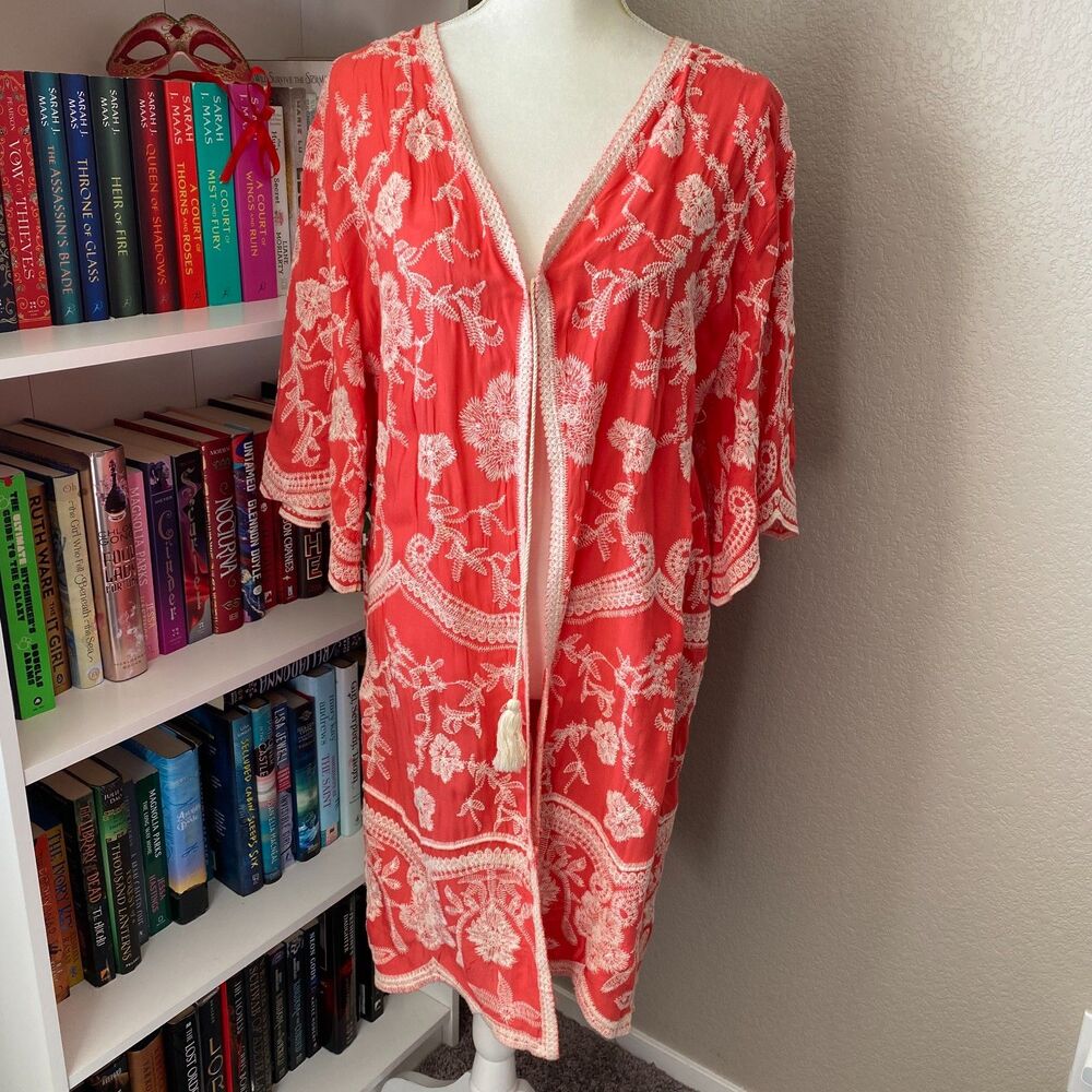 SOLITAIRE Large Coral Embroidered BoHo Duster Kimono Beach CoverUp Swim Summer